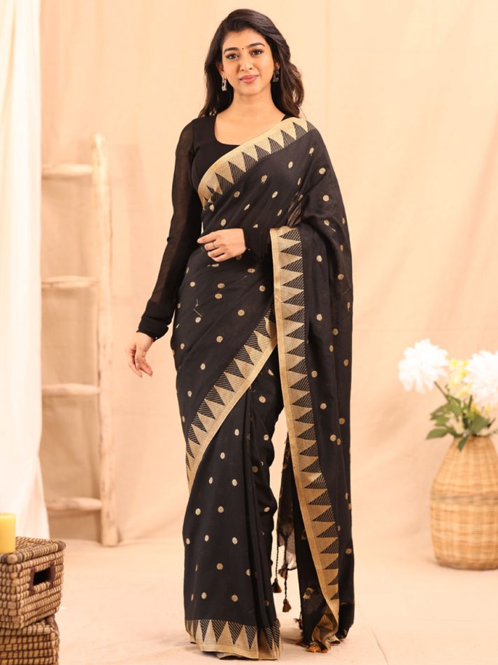 Anikshya Mul Khadi black saree with Temple border