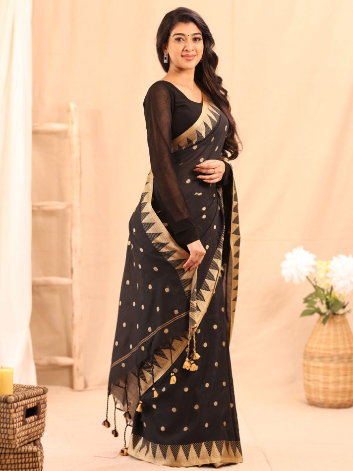 Anikshya Mul Khadi black saree with Temple border