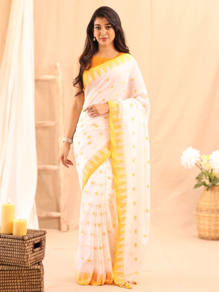 Anikshya Mul Khadi white saree with Temple border