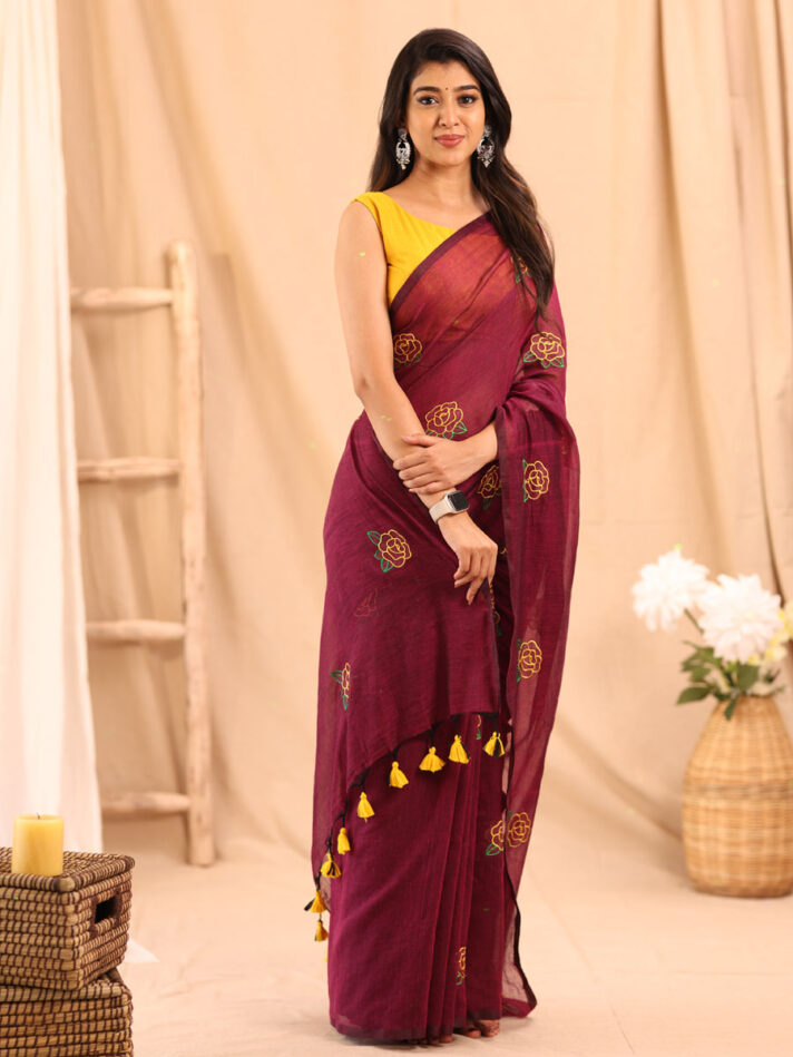 Anikshya Mul Cotton Wine Embroidered Saree