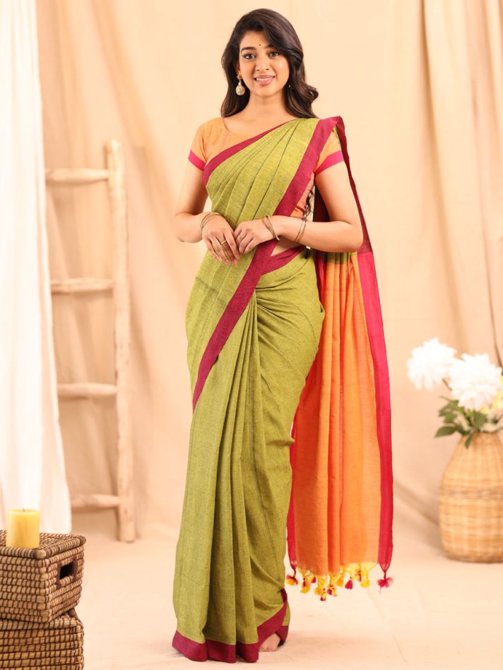 Anikshya Mul Cotton Mehendi green Plain saree