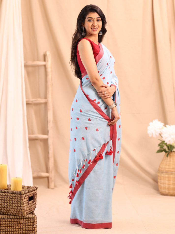 Anikshya Mul Cotton Skyblue with Miniheartprint saree