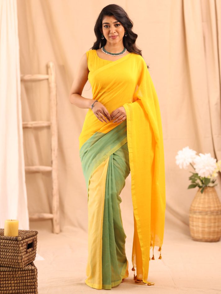 Anikshya Mul Cotton Yellow & Cyan saree