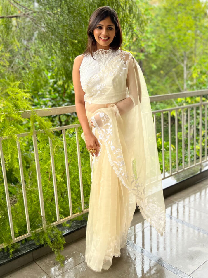 Anikshya Off-White Organza Embroidery Saree