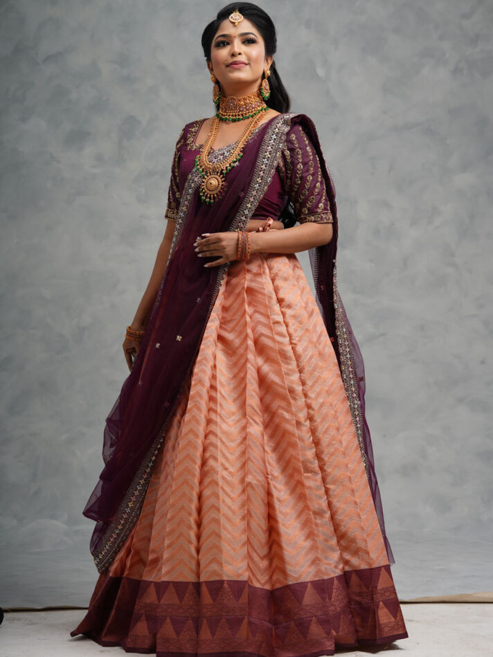 Anikshya Pleated Lehenga with Wine Handwork Blouse and Dupatta