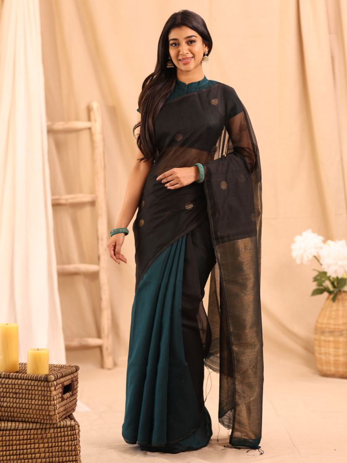 Anikshya Teal and Black Half Muslin saree