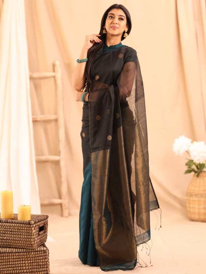 Anikshya Teal and Black Half Muslin saree