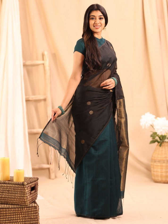 Anikshya Teal and Black Half Muslin saree