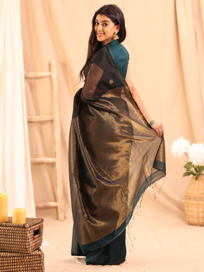 Anikshya Teal and Black Half Muslin saree