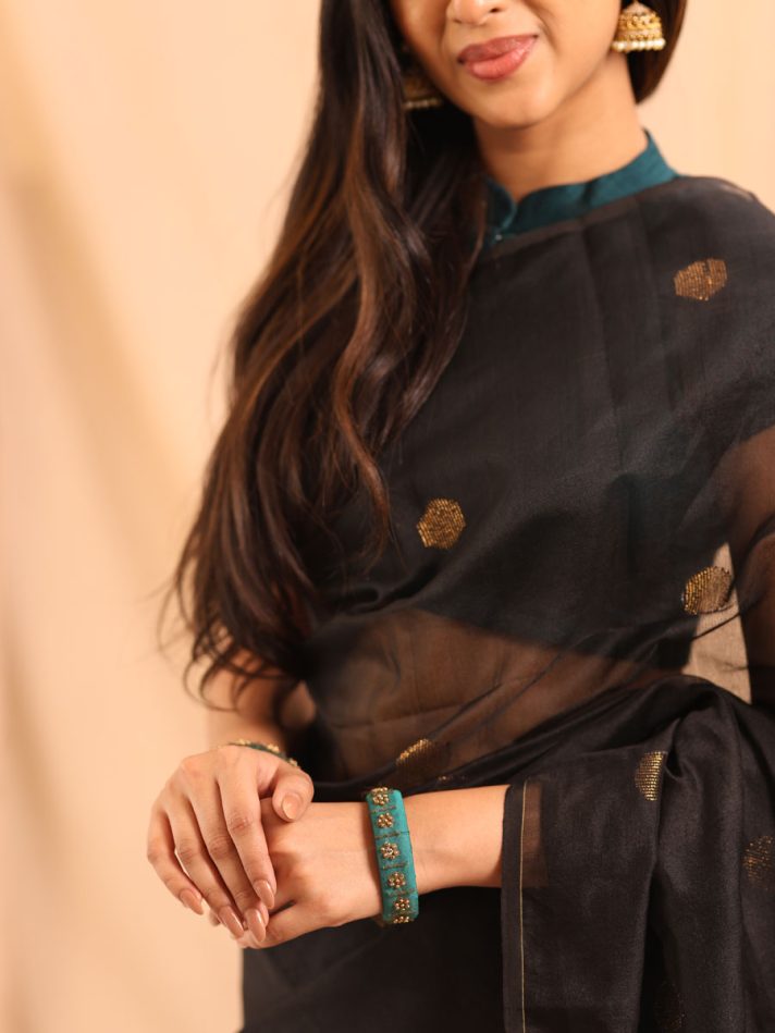 Anikshya Teal and Black Half Muslin saree