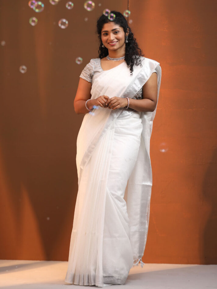 Anikshya White Kota Viscose Silk Saree with Silver Border