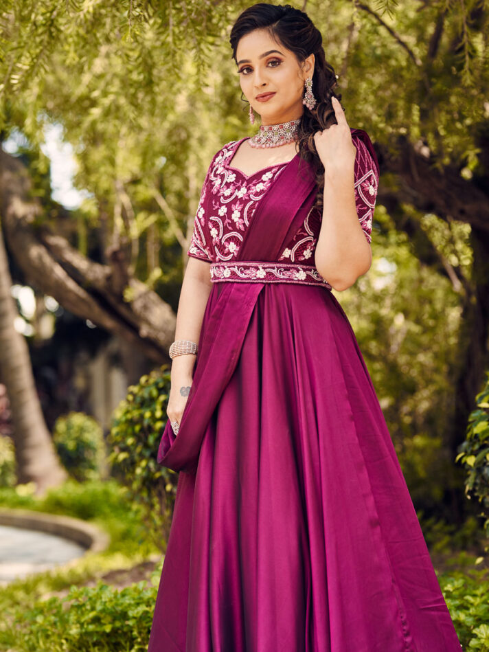 Anikshya Wine circular Indo western Bridal Gown