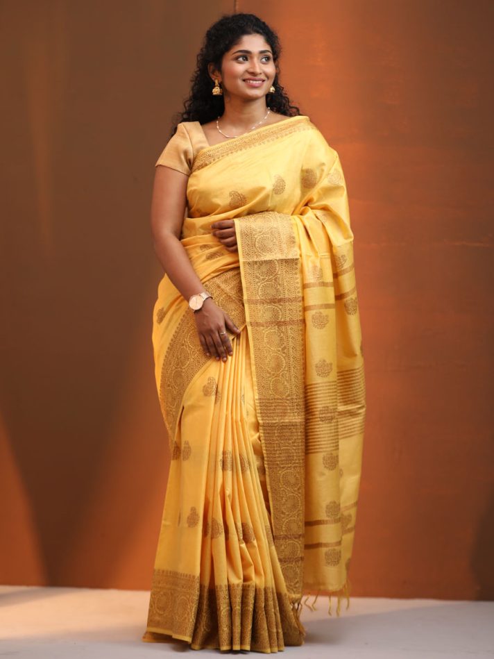 Anikshya Yellow Kota Viscose Silk saree with Copper Border