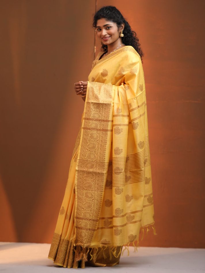 Anikshya Yellow Kota Viscose Silk saree with Copper Border