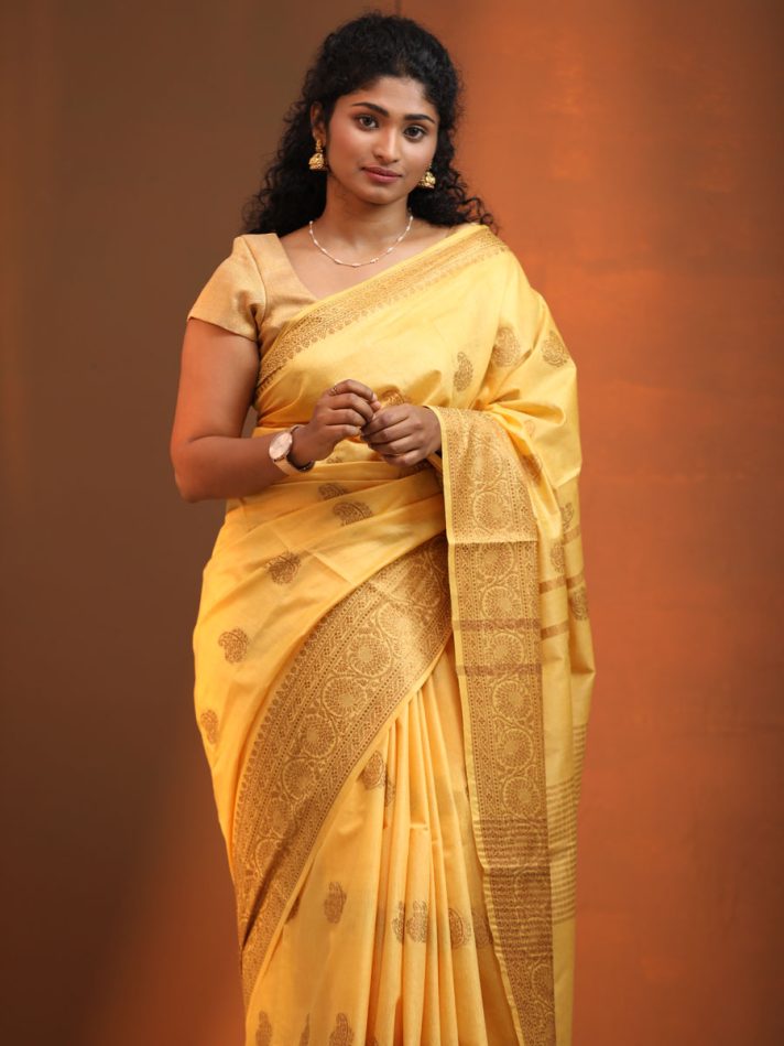 Anikshya Yellow Kota Viscose Silk saree with Copper Border